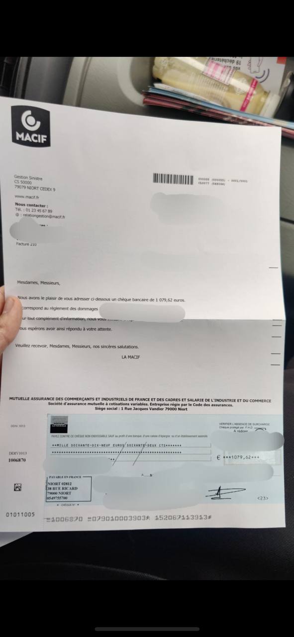 Lettre MACIF + chèque